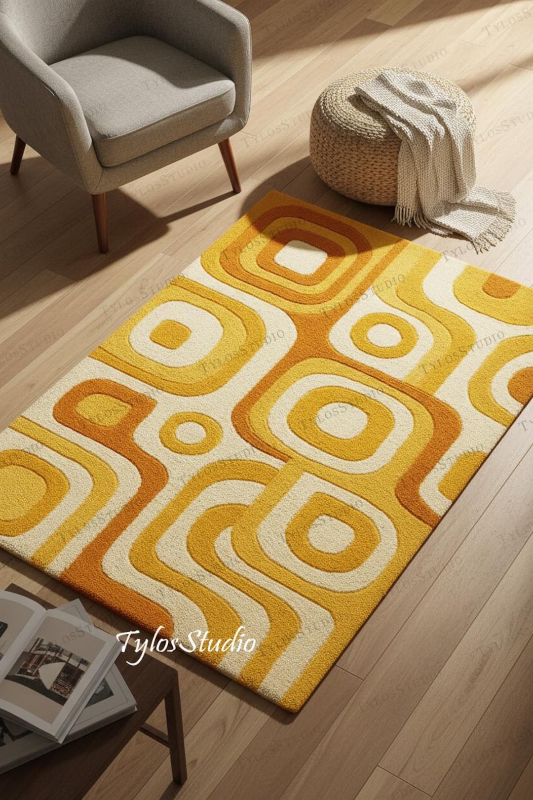 70s Rug Patterns Hand Tufted Retro Geometric Rug, 70s Wool Carpet, Orange and Yellow MCM ...