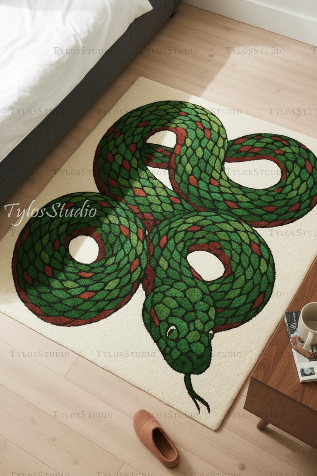 Hand Tufted Coiled Snake Rug, Maximalist Detailed Wool Carpet, Red and ...