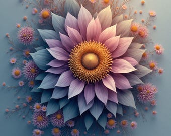 May include: A coloring book cover featuring a large, stylized flower with layered petals in shades of pink, purple, and blue. The flower's center is a textured gold. Smaller pink flowers and sprigs surround the main bloom. The words "Coloring Book" are at the bottom.