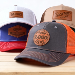 Custom Logo Trucker Leather Patch Hats,Custom Text Hat,Engraved Logo Hats for Business or Company,Gift for Grandpa ,Dad,Custom Logo Hats