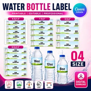 May include: A digital download set of printable water bottle labels in four sizes: 16.5x3.8, 19.1x5.1, 21.6x5.1, and 21.6x6.4 cm. The labels feature a blue sky and green landscape design with placeholders for text. Includes three water bottles labelled 473ml, 355ml, and 237ml, with file format icons for PDF, PNG, EPS, DXF, and SVG.