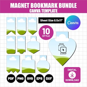 May include: A digital magnet bookmark bundle Canva template featuring ten distinct bookmark shapes with a sky and grass graphic. The sheet size is 8.5x11 inches. Includes file formats PDF, PNG, SVG, EPS, and DXF for a digital download.