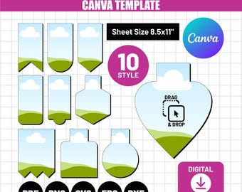 Puede incluir: Una plantilla de Canva para un paquete de marcapáginas magnéticos con diez formas distintas y un gráfico de cielo y hierba. El tamaño de la hoja es de 21,59x27,94 cm. Incluye formatos PDF, PNG, SVG, EPS y DXF para descarga digital.