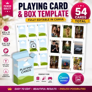 May include: A digital template for playing cards and a box, featuring 54 cards total. The design includes placeholders for photos, text, and graphics. Text includes PLAYING CARD & BOX TEMPLATE, 54 CARDS TOTAL, FULLY EDITABLE IN CANVA, and 8.5 x 11.