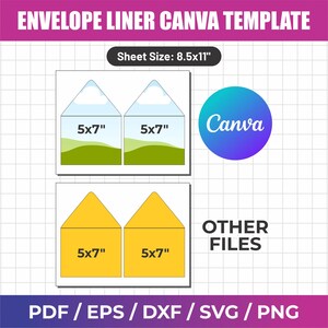 Puede incluir: Una plantilla de Canva para forros de sobres con el texto ENVELOPE LINER CANVA TEMPLATE, Sheet Size: 8.5x11" y etiquetas de 5x7". La imagen muestra dos conjuntos de formas para forros, uno con un gr&aacute;fico de paisaje y otro amarillo s&oacute;lido, y formatos.