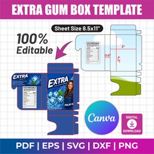 May include: An Extra gum box template on an 8.5x11 inch sheet. The design features a blue package with ice cubes, a person, and a nutrition facts label. It includes red dimension lines showing 3 inches by 4.2 inches and a 0.6 inch side panel.