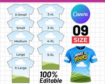 Könnte beinhalten: Eine All-Over-T-Shirt-Vorlage mit neun Größen von X-Small bis 5-XL auf einem Rasterhintergrund. Das Design zeigt einen blauen Himmel mit weißen Wolken und grünen Hügeln. Der Text umfasst ALL OVER T-SHIRT TEMPLATE, 09 SIZE, 100% Editable und Dateiformate.