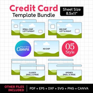 Puede incluir: Un paquete de plantillas digitales para tarjetas de crédito con cinco estilos en una hoja de 21,59x27,94 cm. Los diseños incluyen opciones con chip pequeño y grande, sin chip, y ranuras cerradas o abiertas. Incluye formatos Canva, PDF, EPS, DXF, SVG y PNG.