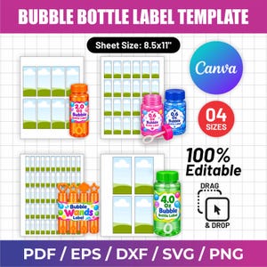 Può includere: Modello digitale di etichette per bolle di sapone con quattro layout grafici raffiguranti nuvole ed erba. Include etichette per flaconi da 2,0 oz, 0,6 oz e 4,0 oz, oltre a etichette per bacchette. Testo: Sheet Size: 8.5x11, 04 SIZES, 100% Editable, PDF, EPS, DXF, SVG, PNG.