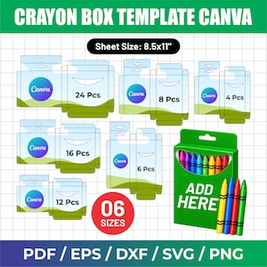 Puede incluir: Una plantilla digital para cajas de crayones en seis tamaños, etiquetadas 4, 6, 8, 12, 16 y 24 piezas. El gráfico incluye una caja verde con el texto ADD HERE y crayones coloridos, tamaño de hoja 21,6x27,9 cm, formatos PDF, EPS, DXF, SVG y PNG.