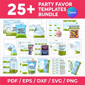 May include: A digital bundle of 25+ party favor templates featuring editable layouts for chip bags, candy bars, water bottles, and treat boxes. The designs include a blue sky and green hill pattern with text placeholders like Make Your Design and Add Your Design. Includes PDF, EPS, DXF, SVG, and PNG file formats.