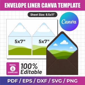 May include: An envelope liner Canva template featuring a digital download design. The graphic shows two 5x7 inch envelope liners on an 8.5x11 inch sheet with a landscape illustration of green hills and clouds. Includes PDF, EPS, DXF, SVG, and PNG files.