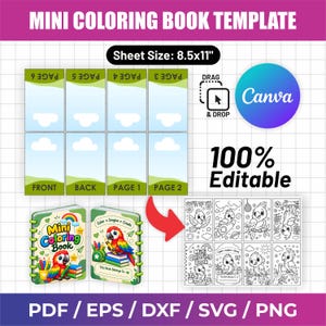 Peut inclure: Un modèle de mini livre de coloriage numérique avec une taille de feuille de 8,5x11 pouces. La mise en page inclut des pages modifiables, une icône Canva glisser-déposer et une étiquette 100% modifiable avec un perroquet illustré.