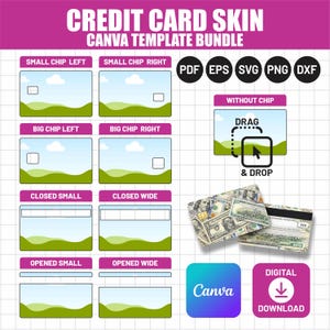 May include: A digital Canva template bundle for credit card skins. The image features various design options, including templates for small and big chip cards, and cards with and without chips. The text includes "DRAG & DROP" and "DIGITAL DOWNLOAD."