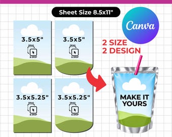 Puede incluir: Una plantilla digital de Capri Sun para Canva con un tamaño de hoja de 21,59x27,94 cm. El diseño incluye cuatro marcadores de posición con iconos de arrastrar y soltar de 8,89x12,7 cm y 8,89x13,34 cm, una bolsa de jugo con pajita rosa y formatos PDF, EPS, DXF, SVG, PNG.