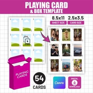 Könnte beinhalten: Eine digitale Spielkarten- und Schachtelvorlage mit einer Blattgröße von 8,5x11 und einer Kartengröße von 2,5x3,5. Das Layout enthält eine Drag-and-Drop-Schnittstelle für 54 Karten, eine magentafarbene Schachtel mit der Aufschrift PLAYING CARDS, ein Canva-Logo und ein Symbol für den digitalen Download.