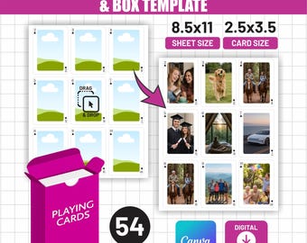 Puede incluir: Una plantilla digital de cartas y caja con un tamaño de hoja de 8.5x11 y un tamaño de carta de 2.5x3.5. El diseño incluye una interfaz de arrastrar y soltar para 54 cartas, una caja magenta etiquetada PLAYING CARDS, un logo de Canva y un icono de descarga digital.