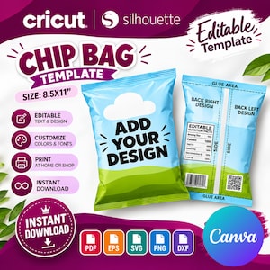 May include: A digital chip bag template featuring a front view with a blue sky, white cloud, and green grass, and a back view with nutrition facts and glue areas. The text reads Chip Bag Template, Size 8.5x11, Add Your Design, and Instant Download.