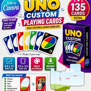 May include: A digital template for custom UNO playing cards featuring 135 cards total. The set includes editable card designs, a box template with 2.5 inch by 3.5 inch dimensions, and instructions for Canva customization with photos, colors, and text.