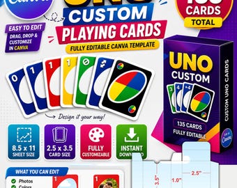 Modèle de cartes UNO modifiable sur Canva | Modèle de cartes style UNO | Cartes de jeu imprimables personnalisées | Jeu de cartes personnalisé | Jeu de société à faire soi-même | Cartes à jouer