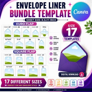 May include: An envelope liner bundle template featuring 17 different sizes for Euro and square flaps. The digital download includes PDF, EPS, DXF, SVG, and PNG file formats. The sheet size is 8.5x11 inches, with 100% editable, drag and drop features.