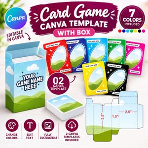 May include: A card game Canva template set featuring a box and multiple playing cards in red, blue, light blue, green, yellow, black, and pink. The box and cards display a landscape graphic with hills and clouds. A diagram shows 8.89 by 6.35 cm dimensions.