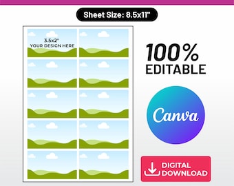 Puede incluir: Una plantilla digital de tarjeta de presentación en una hoja de 8.5x11 pulgadas con diez diseños de 3.5x2 pulgadas que muestran una ilustración de colinas verdes y cielo azul con nubes. El gráfico incluye el texto 100% EDITABLE, Canva y DIGITAL DOWNLOAD.