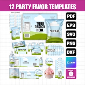 Pode incluir: Uma coleção digital de 12 modelos de lembrancinhas de festa com um design de paisagem em azul claro e verde. Inclui layouts para sacos de batatas fritas, embalagens de chocolate, rótulos de garrafas, caixas, topos de cupcake e formatos PDF, EPS, SVG, PNG e DXF.