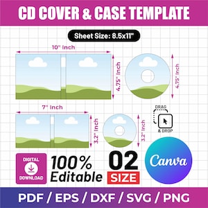 Op de afbeelding: Een CD-hoes en doosje sjabloon met digitale downloadtekst, met twee formaten met afmetingen in inches. Het ontwerp bevat een landschapsafbeelding met wolken en heuvels, bewerkbare elementen en bestandsformaten zoals PDF, EPS, DXF, SVG en PNG.