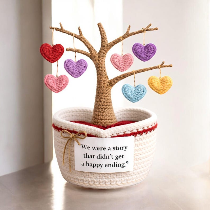 May include: A handcrafted crochet tree with a brown trunk and branches, planted in a white basket. The tree is adorned with colorful crochet hearts in red, pink, purple, blue, and yellow. A tag reads, "We were a story that didn't get a happy ending."