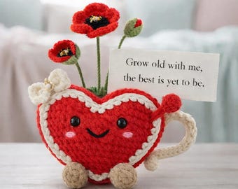 Personalized Crochet Heart Flower Pot with Poppy Flowers, Handmade Amigurumi Valentine Gift, Romantic Home Decor with Quote Card
