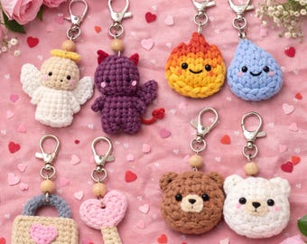 Juego de llaveros de pareja de crochet: Fuego y Agua, Sol y Luna, Ángel y Diablo. Divertidos llaveros a juego. Regalo hecho a mano para parejas. San Valentín.