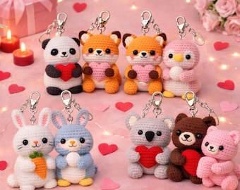 Juego de llaveros de pareja de animales de crochet: llaveros hechos a mano de zorro, perro, gato y cisne. Regalo para amantes de los animales, llavero romántico para San Valentín.