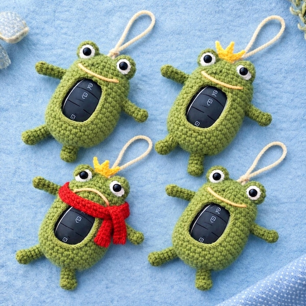 Szydełkowana żaba na kluczyk samochodowy, urocze etui na kluczyk z zieloną ropuchą, inteligentny ochraniacz na kluczyk Cottagecore Amigurumi, akcesoria samochodowe Kawaii, estetyczny prezent