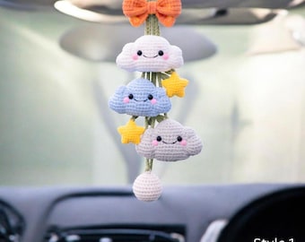 Enfeite de crochê para pendurar no carro com o sistema solar, ornamento artesanal de sol, lua, estrela e nuvem, pingente de planeta tricotado para retrovisor, acessório fofo para carro com tema espacial.