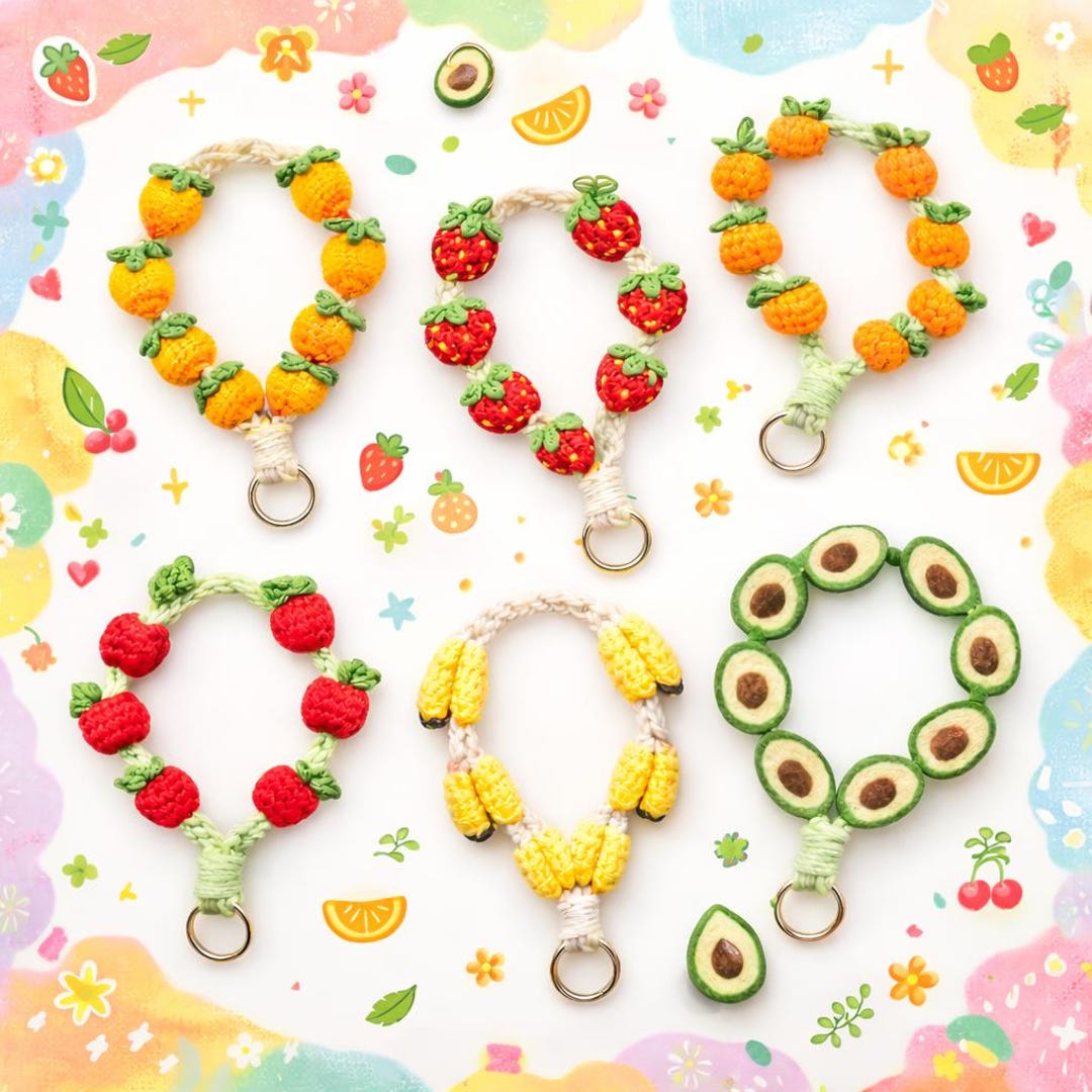 Fruit Crochet Keychain – Handmade Woven Fruit Keyring, Cute Wristlet ...