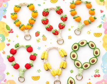 Llavero de fruta de crochet: llavero de fruta tejido a mano, bonita correa para la muñeca, accesorio estético para bolso, bonito llavero tipo pulsera.
