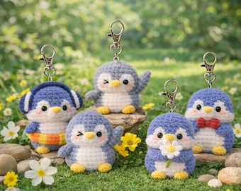 Chaveiro de pinguim de crochê – Pinguim amigurumi feito à mão, pingente de pinguim fofo para bolsa, chaveiro de animal para presente, presente artesanal, animal de crochê