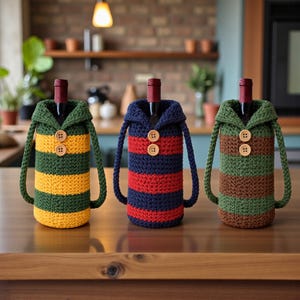 May include: Three crocheted wine bottle covers in green, yellow, and brown with striped patterns. Each cover has a hood, wooden buttons, and a strap. The bottles are on a wooden surface.