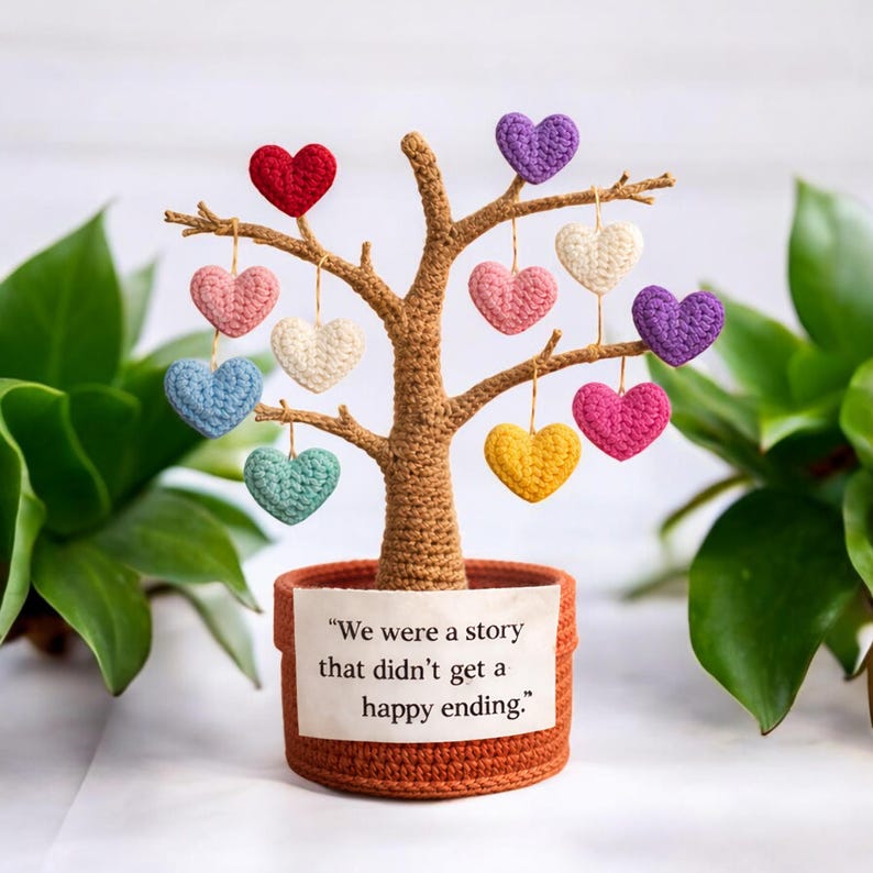 May include: A handcrafted crochet tree with a brown trunk and branches, adorned with colorful crochet hearts. The tree sits in a brown pot with the quote "We were a story that didn't get a happy ending." The hearts are in various colors.