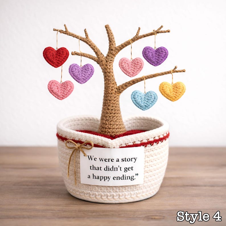 May include: A crocheted tree with a brown trunk and branches, planted in a white basket with a red trim. The tree holds several hanging, colorful crocheted hearts. A tag on the basket reads, "We were a story that didn't get a happy ending."