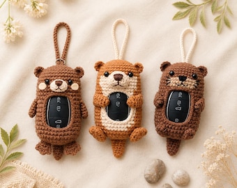 Funda para llave de nutria de ganchillo hecha a mano, funda para llavero con forma de animalito adorable, accesorios de amigurumi para el coche, pequeño regalo considerado para ella, novia o hija.
