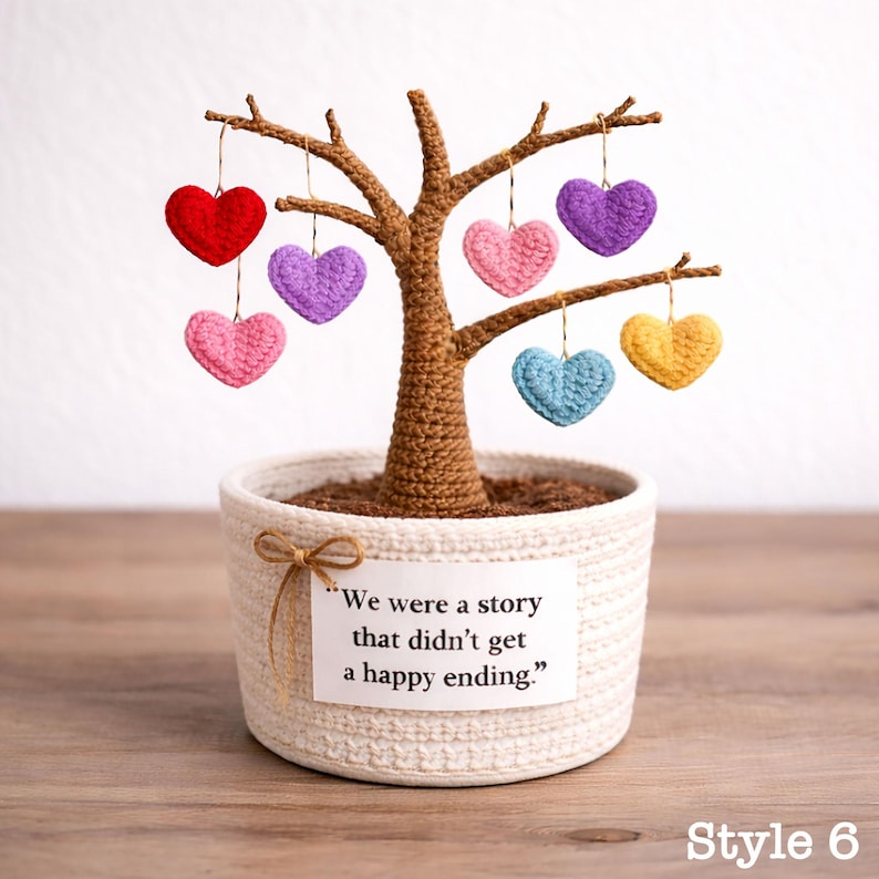 May include: A handcrafted crochet tree with a brown trunk and branches, planted in a white woven pot. Colorful crochet hearts in red, pink, purple, blue, and yellow hang from the branches. A tag reads "We were a story that didn't get a happy ending."