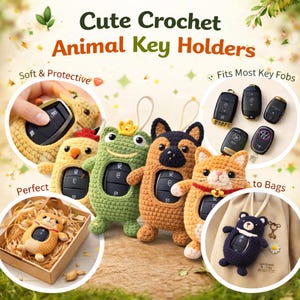May include: A selection of adorable crochet animal key holders. The key holders are designed as a bunny, chick, frog, dog, cat, and bear. They are in shades of yellow, green, brown, and orange. The text "Cute Crochet Animal Key Holders" is displayed at the top of the image.