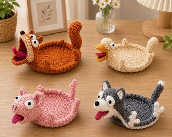 Juego de posavasos de ganchillo con forma de animales, posavasos kawaii con diseños de ranas, patos, cerdos y ratones, posavasos hechos a mano, regalo para ella, decoración de escritorio.