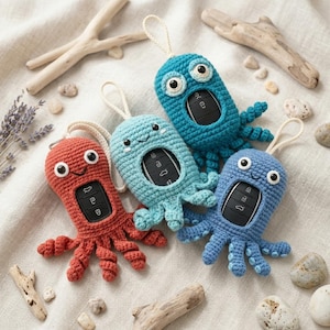Handmade Crochet Octopus Key Cover, Cute Amigurumi Key Fob Case, Unique Car Key Sleeve Protector, Soft Mini Plush Gift for Her, Birthday