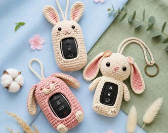 Funda para llave de conejito de ganchillo adorable, funda para llave de coche de conejo amigurumi hecha a mano, regalo kawaii para ella, esposa, hija o mejor amiga, funda para llave adorable