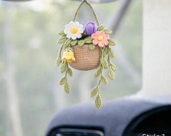 Decoración colgante de crochet para coche, maceta hecha a mano para espejo retrovisor, adorno de hoja tejida, bonito accesorio de crochet para coche, planta estética.