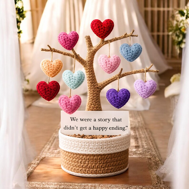 May include: A decorative tree with crochet hearts in various colors, including red, pink, and blue. The tree is set in a woven basket with a sign that reads, "We were a story that didn't get a happy ending."
