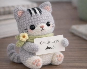 Personalized Crochet Cat Holding Love Quote Card, Handmade Valentine Gift for Couples, Cute Amigurumi Cat Decor